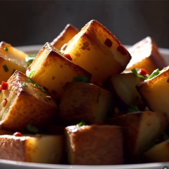 Crispy golden Lebanese Spicy Potatoes (Batata Harra) garnished with fresh cilantro and red pepper flakes in a bowl